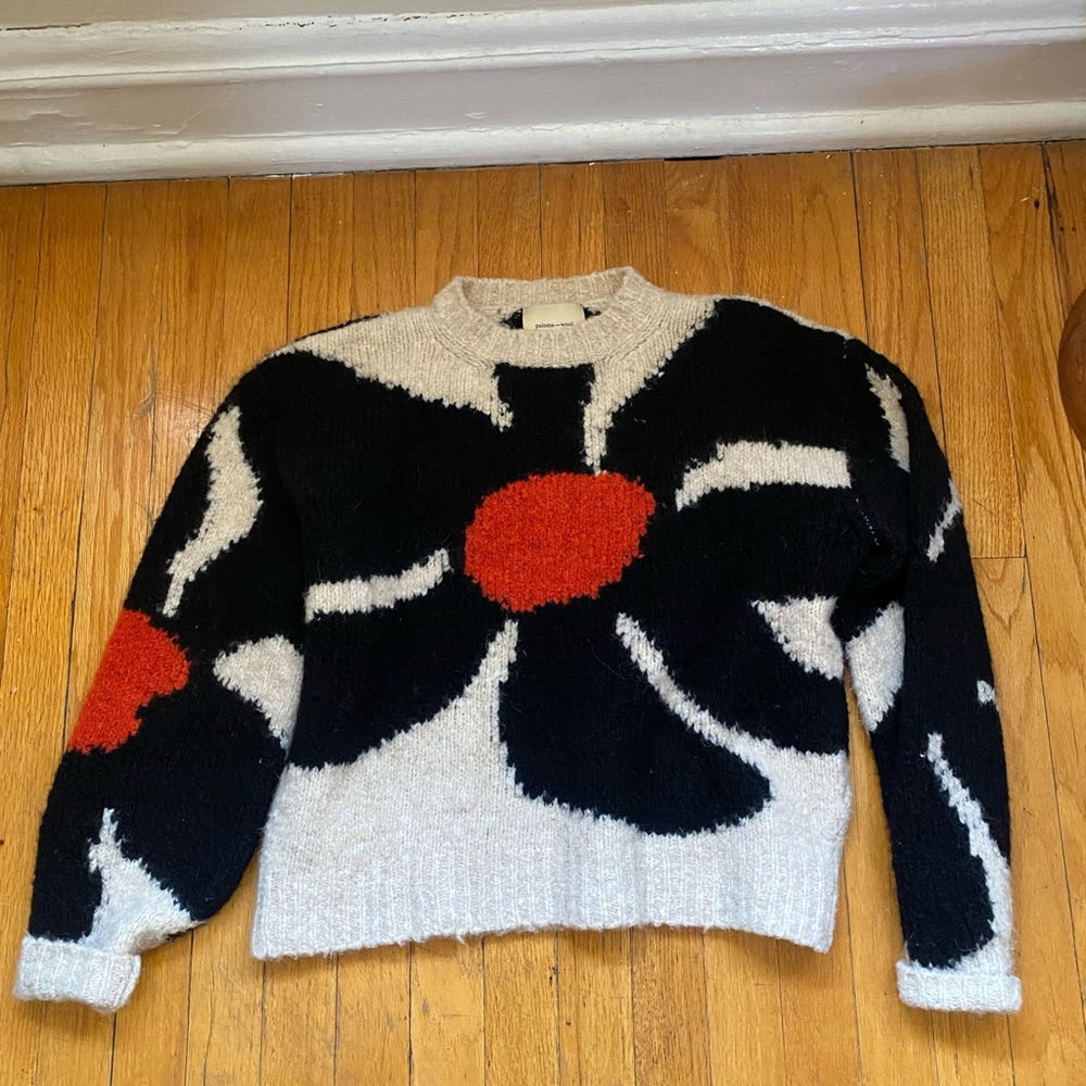 Paloma Wool Black White Sweater with Red Floral Motif